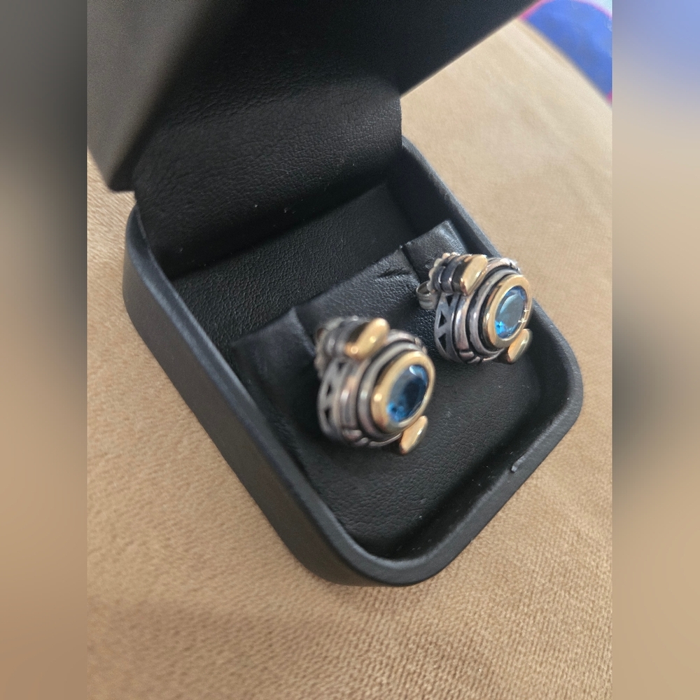 John Atencio Blues sterling silver and 18k yellow gold blue topaz earrings - Picture 3 of 5